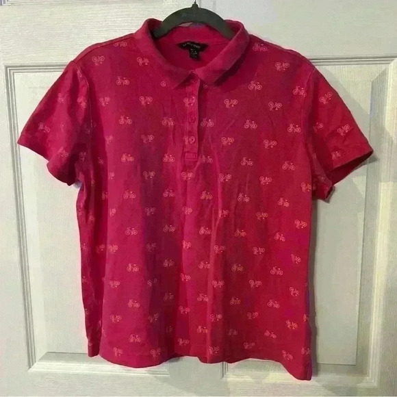 Lands End Womens Pink Classic Fit Polo with Orange Bicycles, Size Medium Petite - Picture 1 of 5